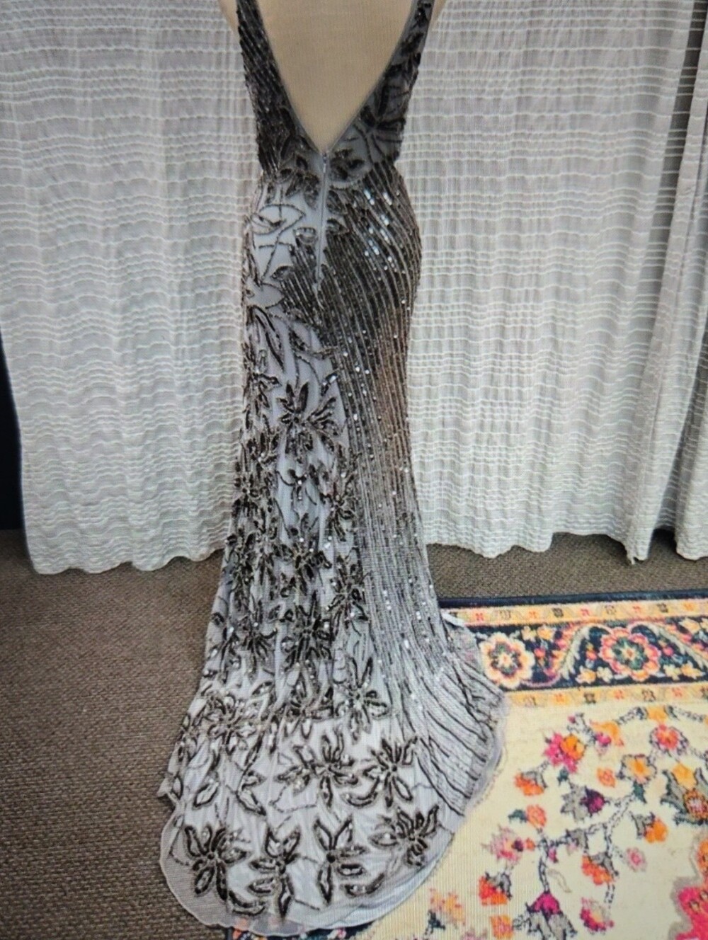Primavera Couture Silver Beaded Floral V-Neck Maxi Gown